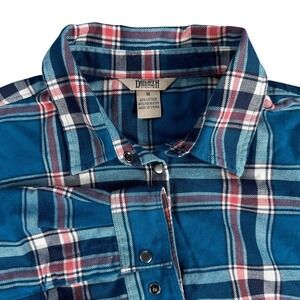Duluth Trading Co Womens Blue Pink Plaid Flannel Snap Tunic Shirt Medium Pockets